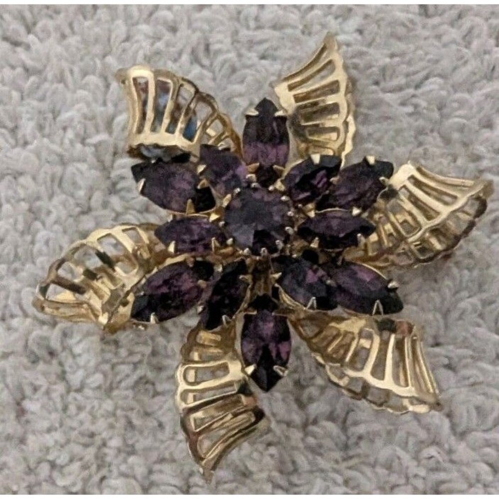 Purple Rhinestone Gold Tone Floral Brooch Signed KRAMER OF NEW YORK Vintage Pin